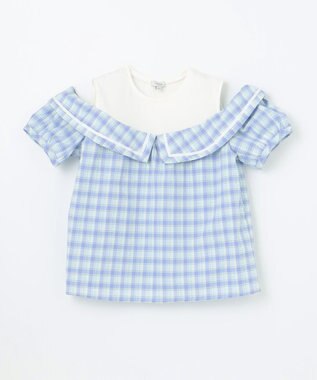 ANY KIDS チェック オフショルダー ブラウス サックスブルー