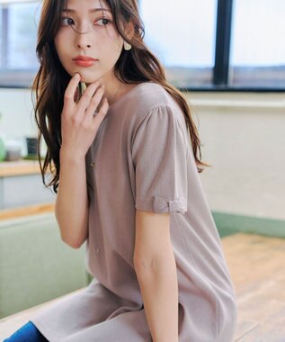 Tiaclasse 【洗える】リボン袖ニットチュニックブラウス ピンクモカ