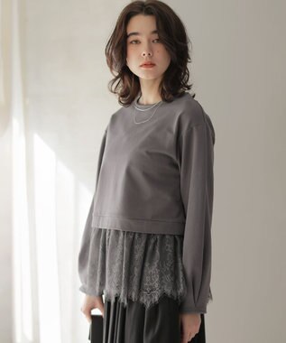 組曲 フレンチテリーレースコンビ カットソー チャコールグレー系