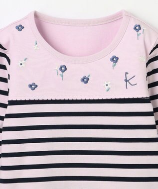 組曲 KIDS 【110-140㎝】フラワー刺繍ボーダー Tシャツ サクラ系