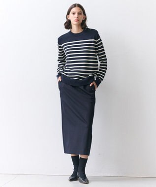 BEIGE， HELIODOR / レーヨンボーダーマリンボタンニット Navy × Ecru