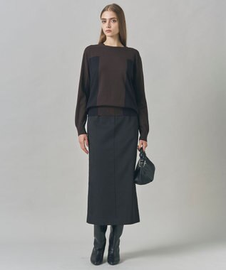 ICB 【洗える】マットヴィスコースポリエステル ブロッキングニット ダークブラウン×ネイビー系