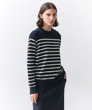 BEIGE， HELIODOR / レーヨンボーダーマリンボタンニット Navy × Ecru