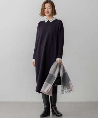 23区 S 【洗える/吊り干しOK】ヴィスコースストレッチ レース襟 ワンピース ネイビー系