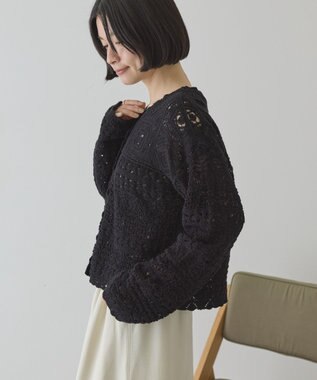 AMERICAN HOLIC 【前後2WAY】レース透かし編みニットカーディガン Black