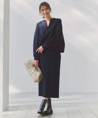 UNFILO BEAUTY FORM JERSEY キーネック トップス ネイビー