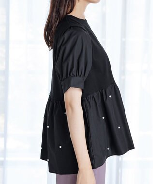 Tiaclasse L 【洗える】パール付きカットソードッキングブラウス ブラック