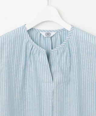 J.PRESS LADIES 【洗える】BEZ空羽ストライプ クルーネック V開き ブラウス シーブルー系1