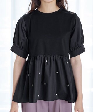 Tiaclasse L 【洗える】パール付きカットソードッキングブラウス ブラック