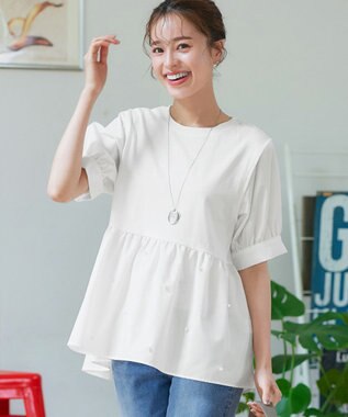 Tiaclasse L 【洗える】パール付きカットソードッキングブラウス オフホワイト