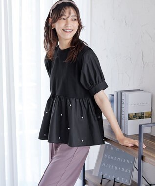 Tiaclasse L 【洗える】パール付きカットソードッキングブラウス ブラック