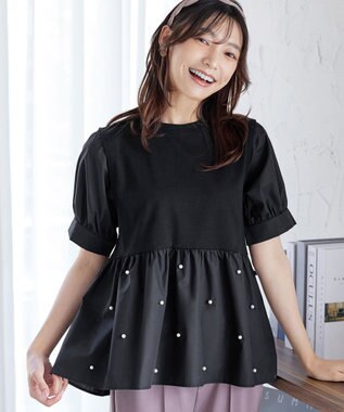 Tiaclasse L 【洗える】パール付きカットソードッキングブラウス ブラック