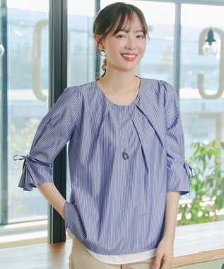 Tiaclasse L ストライプリボンレイヤードブラウス ネイビーストライプ