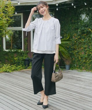 Tiaclasse L ストライプリボンレイヤードブラウス ホワイトストライプ