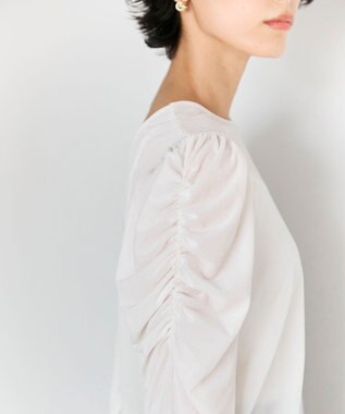 #Newans 【洗濯機可／ 前後着用可】 ギャザースリーブシアーベロアカーディガン ホワイト