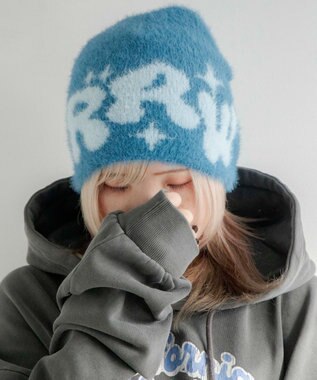 WEGO シャギーキラキラロゴニットキャップ ブルー