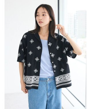CRAFT STANDARD BOUTIQUE パネル刺繍開襟シャツ Black