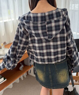 WEGO チェックショートフードシャツ ネイビー