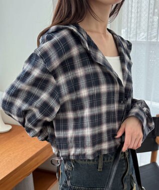 WEGO チェックショートフードシャツ ネイビー