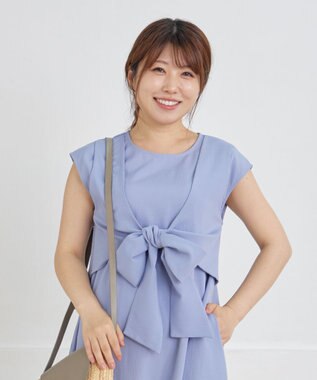 Tiaclasse 【2WAY・洗える】ウエストリボンフレンチスリーブマキシワンピース ブルー