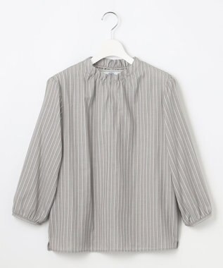 J.PRESS LADIES L プロビスストライプチェック フリルネック カットソー グレーストライプ系