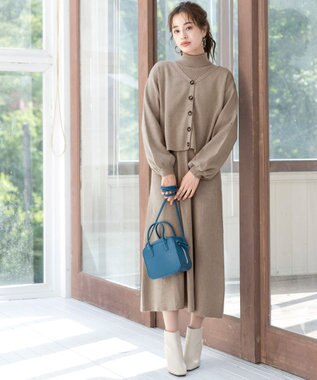 Tiaclasse 【洗える】大人上品なニットカーデ＋ワンピースセット ベージュ