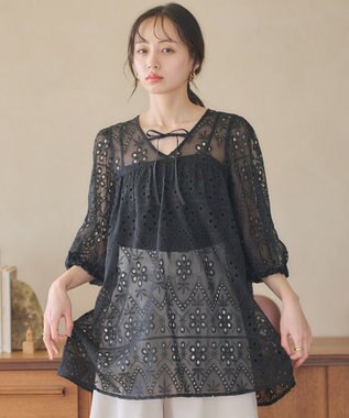 earth music&ecology パフスリーブ楊柳刺繍チュニック Black