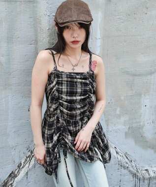 WEGO ドロストデザインキャミワンピース ブラックチェック1