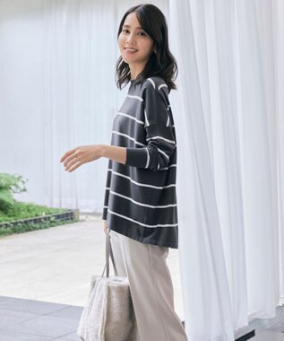 自由区 L 【WEB限定カラーあり】レーヨンストレッチ ニットT チャコール×オフ(ボーダー)