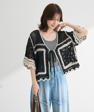 Green Parks ・ＥＬＥＮＣＡＲＥ　ＤＵＥ　カギ針風レースカーデ Black