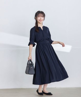 Tiaclasse L 【洗える】キャンディースリーブ花柄ワンピース ネイビー