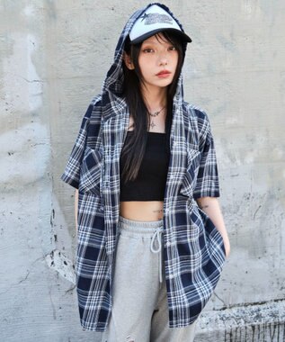 WEGO フードチェックBIGシャツ（S） ネイビー