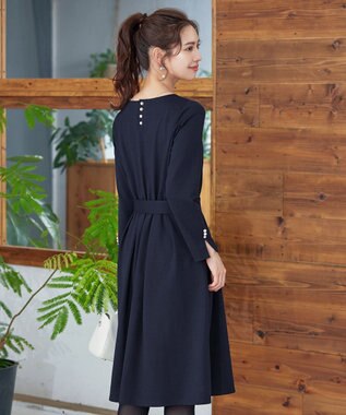 Tiaclasse 【GOLD LABEL・洗える】パールボタン付きポンチワンピース ネイビー