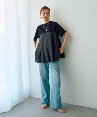 YECCA VECCA 【DOLL UP OOPS】異素材切替フレアートップス Black