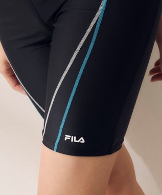 OP／FILA 【FILA】フルジップ半袖フィットネス水着4点セット/キャップ＆ミラーゴーグル付き ブラック×ターコイズ