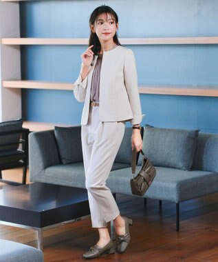 Tiaclasse L 【ダブルクロス・洗える】ノーカラージャケット グレージュ