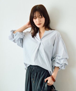YECCA VECCA タックスリーブスキッパーブラウス Stripe White