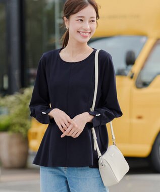 Tiaclasse 【洗える】袖パールポンチフレアトップス ネイビー