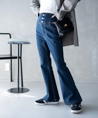 WEGO ハイウエストストレッチデニムフレアパンツ デニム濃色