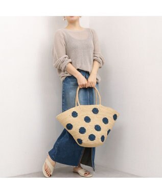 UNBILLION カシュカシュ cachecache / ドット柄ラフィアビッグトートバッグ カゴバッグ ネイビー