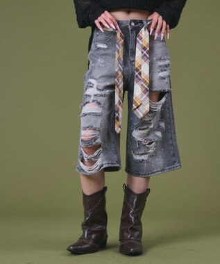 WEGO タイ付きダメージハーフデニムパンツ デニムブラック