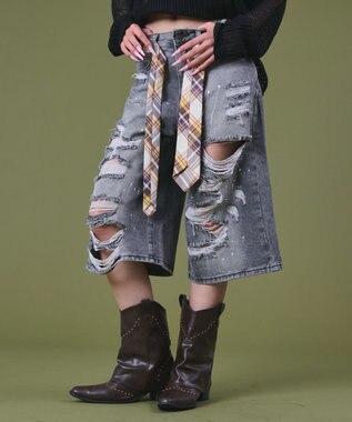 WEGO タイ付きダメージハーフデニムパンツ デニムブラック