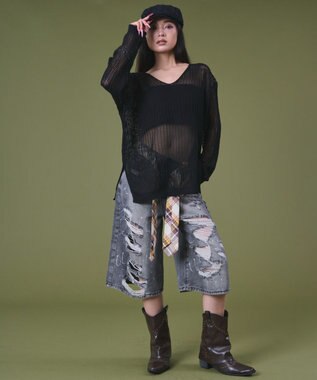 WEGO タイ付きダメージハーフデニムパンツ デニムブラック