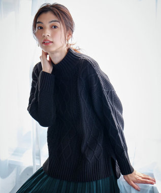 ANY 【6色展開】ソフトアクリルハイネックケーブルニット ブラック