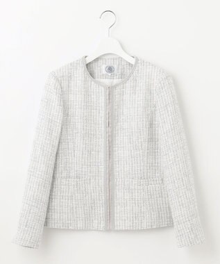 J.PRESS LADIES ファンシーツイード ノーカラー ジャケット ライトグレー系1