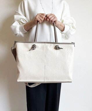 Hekhèr Le Style de Vie 【日本製 / A4サイズ対応/2WAY】コットンキャンバス×シュリンクレザー ノットトートバッグ large グレージュ