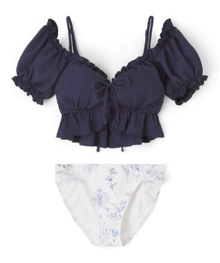 San-ai Resort（三愛水着楽園） 軽い着け心地でしっかり盛れる【楽盛り水着】　パフスリーブワイヤービキニ　9M　【San-ai Resort（サンアイリゾート）】 ネイビー