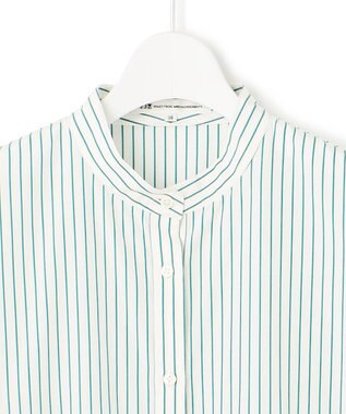 23区 S 【洗える】CANCLINI ギャザー フレア ブラウス ホワイト×グリーンストライプ