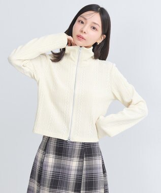 earth music&ecology ベロアケーブルＺｉｐカーディガン Ivory