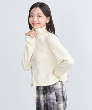 earth music&ecology ベロアケーブルＺｉｐカーディガン Ivory